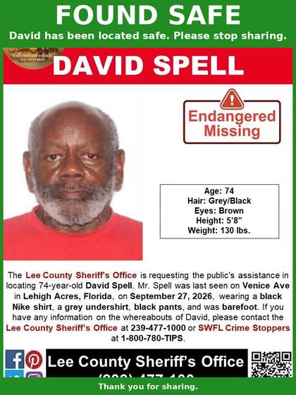Found safe flyer for David Spell