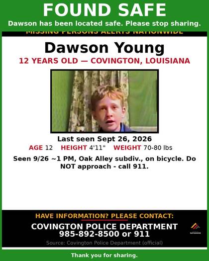 Found safe flyer for Dawson Young