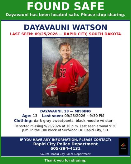 Found safe flyer for Dayavauni Watson