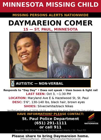 Missing person flyer for Daymareion Comer