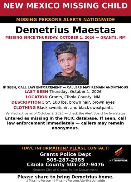 Missing person flyer for Demetrius Maestas