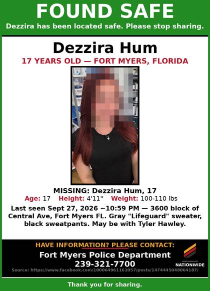 Found safe flyer for Dezzira Hum