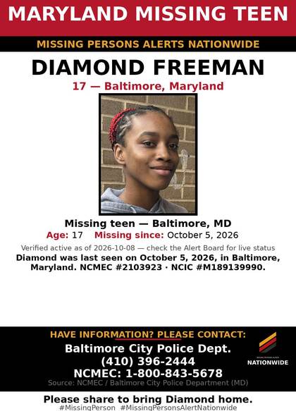 Missing person flyer for Diamond Freeman