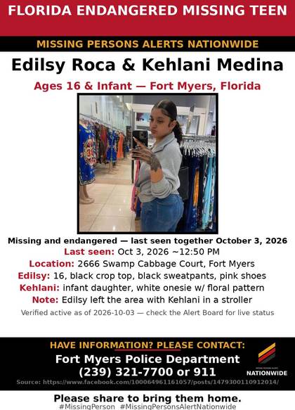 Missing person flyer for Edilsy Roca & Kehlani Medina