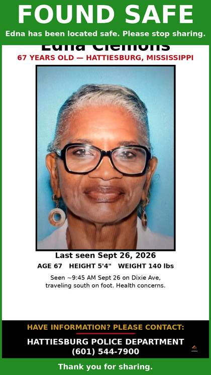 Found safe flyer for Edna Clemons