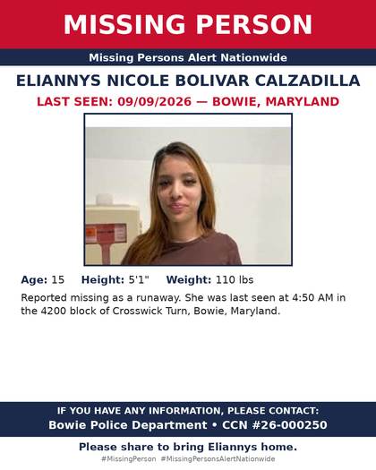 Missing person flyer for Eliannys Nicoll Bolivar Calzadilla