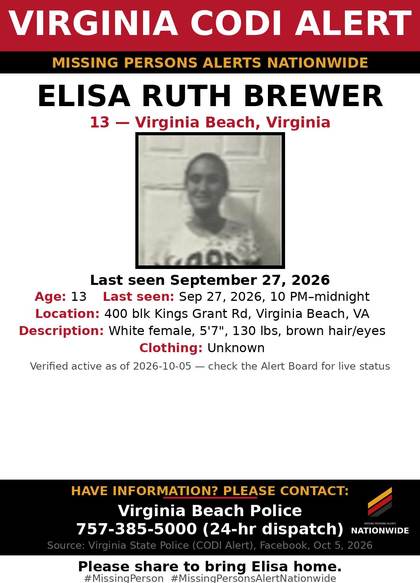 Missing person flyer for Elisa Ruth Brewer