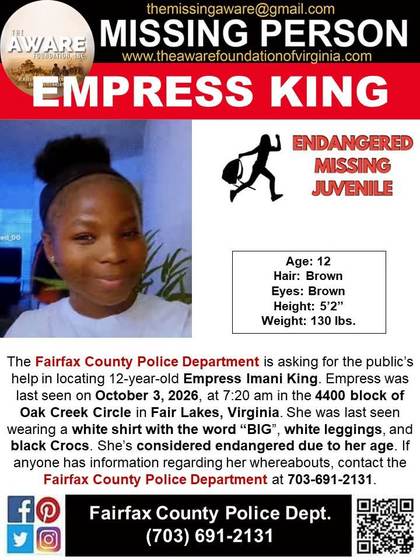 Missing person flyer for Empress Imani King