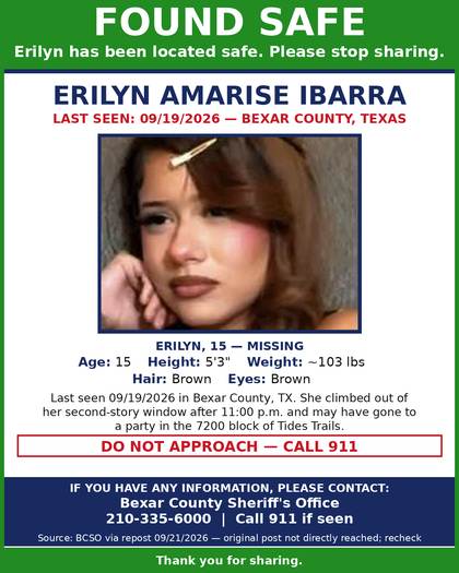 Found safe flyer for Erilyn Amarise Ibarra