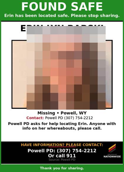 Found safe flyer for Erin Lyn Barski
