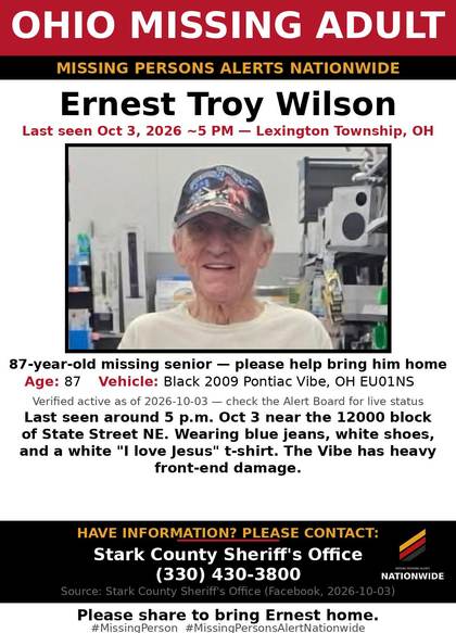 Missing person flyer for Ernest Troy Wilson