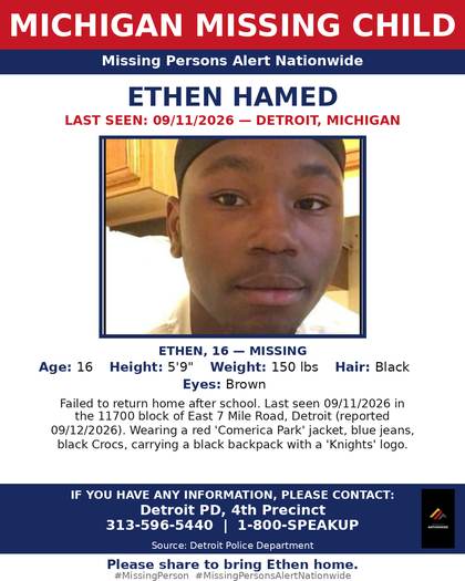 Missing person flyer for Ethen Hamed