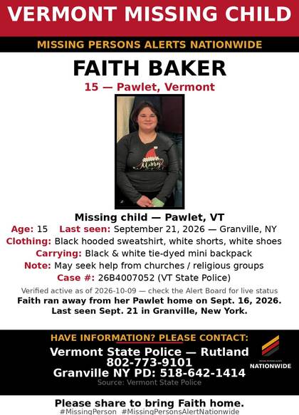 Missing person flyer for Faith Baker