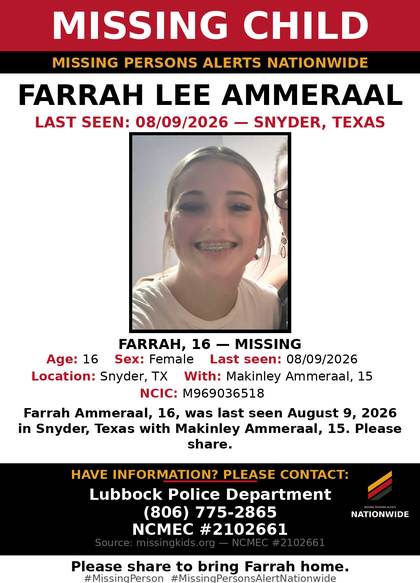 Missing person flyer for Farrah Lee Ammeraal