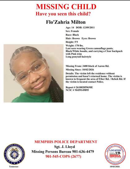Missing person flyer for Flo'Zahria Milton