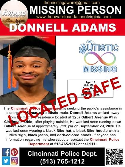 Found safe flyer for Donnell Adams