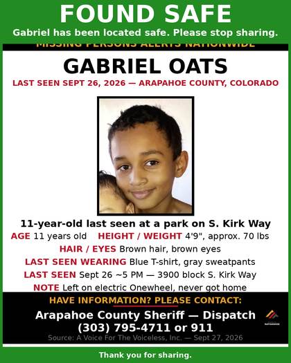 Found safe flyer for Gabriel Oats