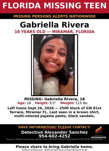 Missing person flyer for Gabriella Rivera