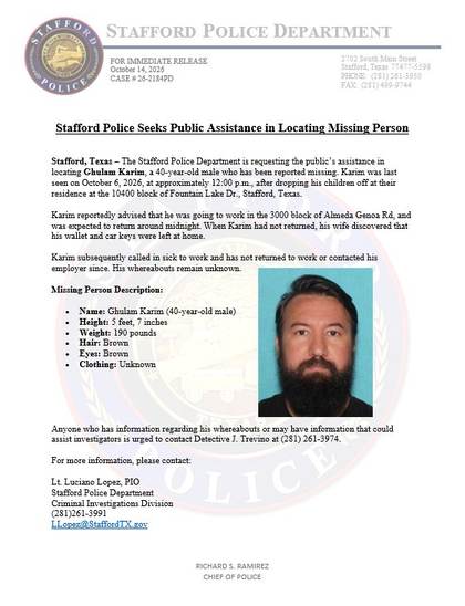 Missing person flyer for Ghulam Karim