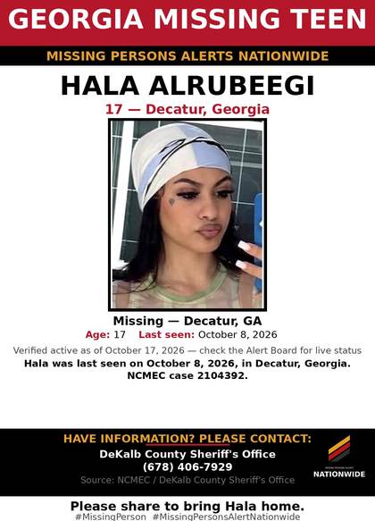 Missing person flyer for Hala Alrubeegi