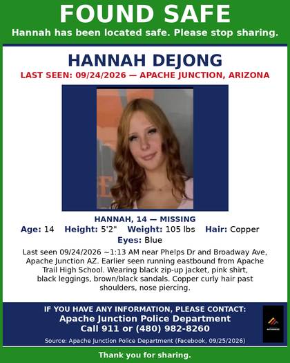 Found safe flyer for Hannah Dejong