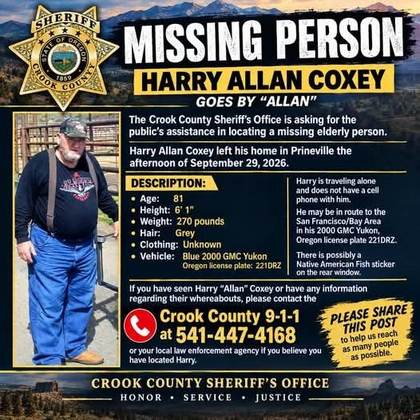 Missing person flyer for Harry Allan Coxey