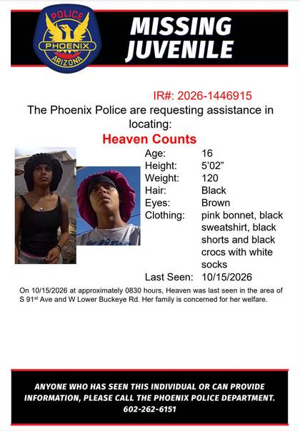 Missing person flyer for Heaven Counts