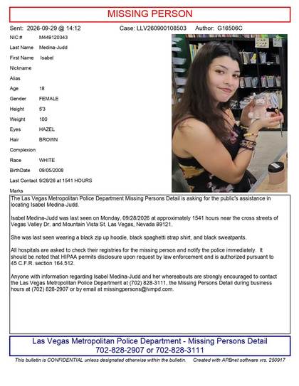 Missing person flyer for Isabel Medina-Judd