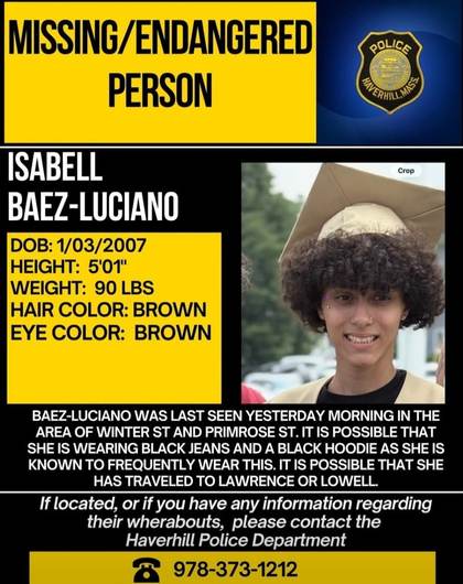 Missing person flyer for Isabell Baez-Luciano