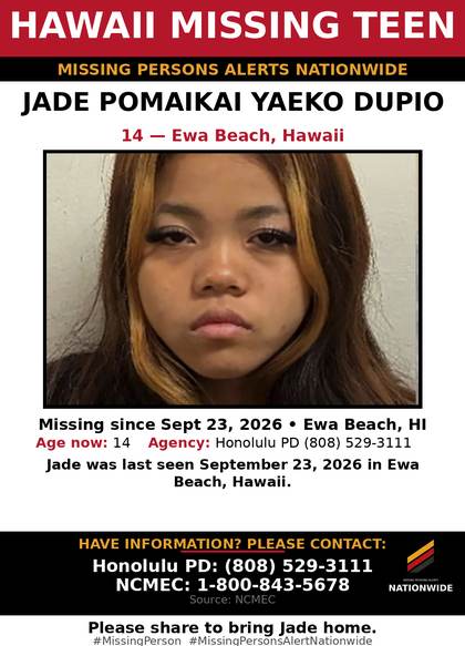 Missing person flyer for Jade Pomaikai Yaeko Dupio