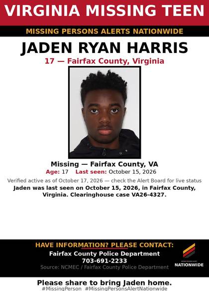 Missing person flyer for Jaden Ryan Harris