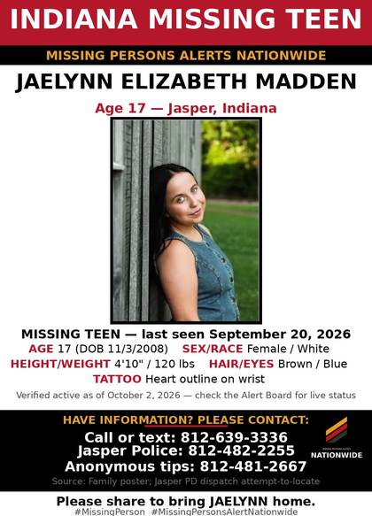 Missing person flyer for Jaelynn Elizabeth Madden