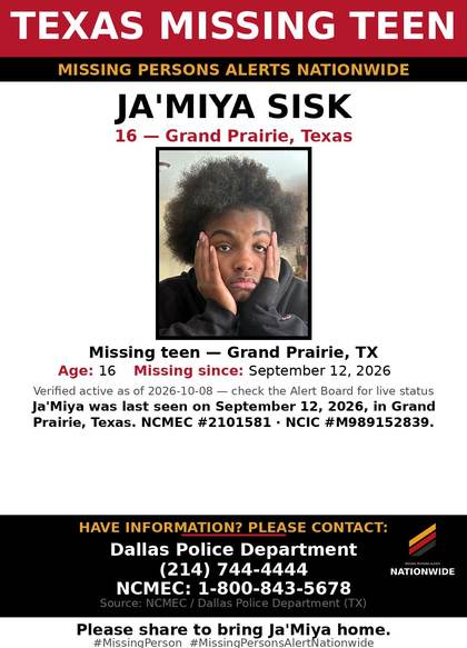 Missing person flyer for Ja'Miya Sisk