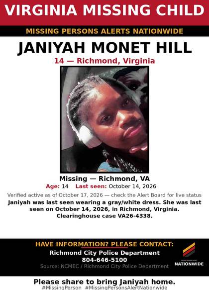 Missing person flyer for Janiyah Monet Hill