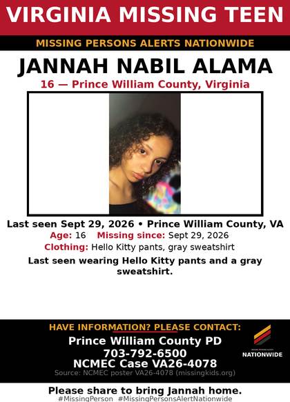 Missing person flyer for Jannah Nabil Alama