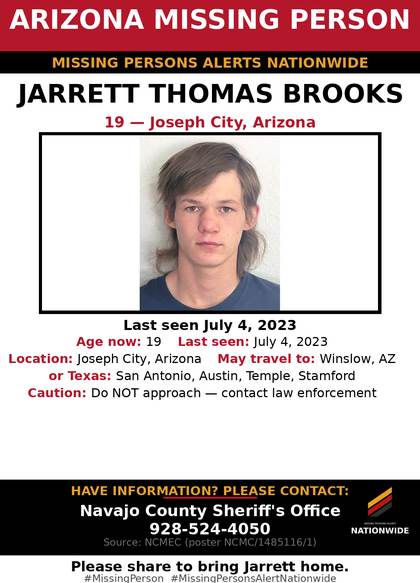 Missing person flyer for Jarrett Thomas Brooks