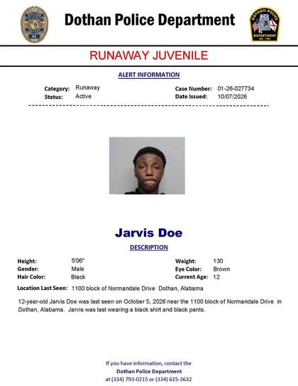 Missing person flyer for Jarvis Doe