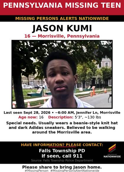 Missing person flyer for Jason Kumi