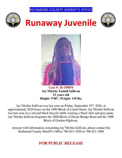 Missing person flyer for Jay'Miyhia Tashell Sullivan