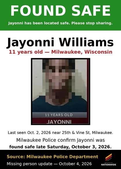 Found safe flyer for Jayonni Williams