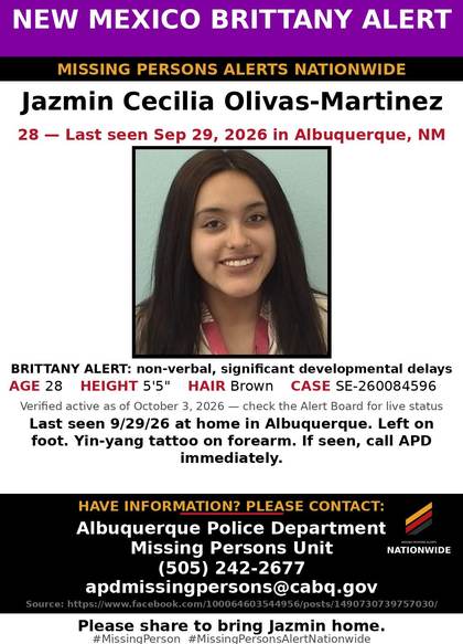 Missing person flyer for Jazmin Cecilia Olivas-Martinez