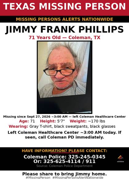 Missing person flyer for Jimmy Frank Phillips