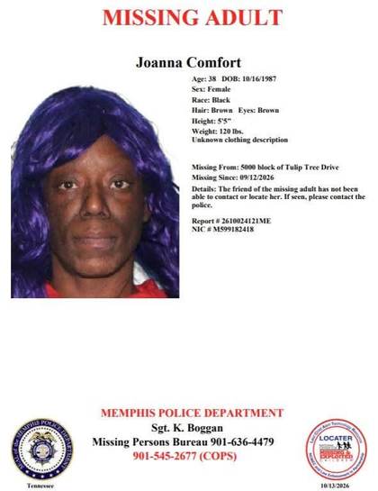 Missing person flyer for Joanna Comfort