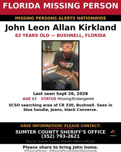 Missing person flyer for John Leon Allan Kirkland