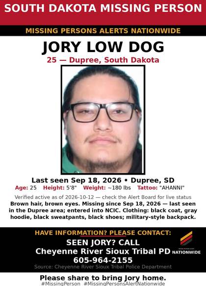 Missing person flyer for Jory Low Dog