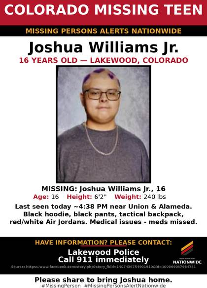 Missing person flyer for Joshua Williams Jr.