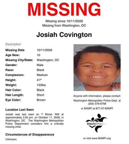 Missing person flyer for Josiah Covington