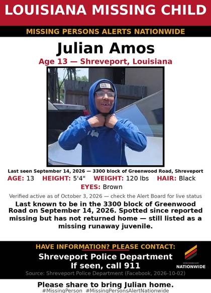 Missing person flyer for Julian Amos