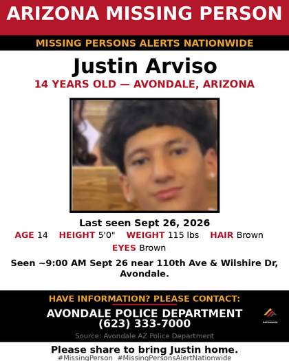 Missing person flyer for Justin Arviso