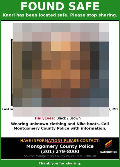 Found safe flyer for Kaori Jaidael Riley